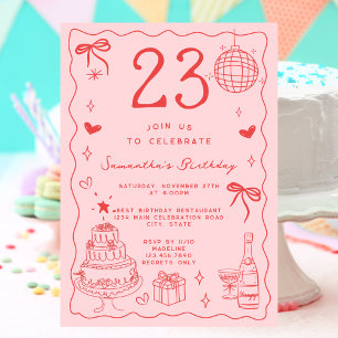 Invitación Retro Whimsical Quirky Rosa Rojo 23 cumpleaños