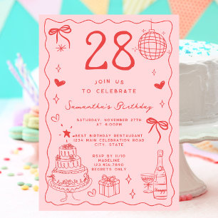 Invitación Retro Whimsical Quirky Rosa Rojo 28º cumpleaños