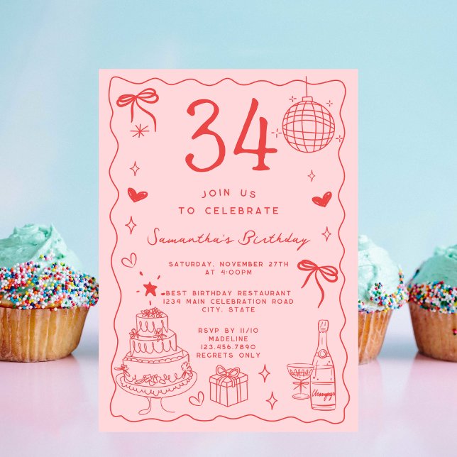 Invitación Retro Whimsical Quirky Rosa Rojo 34º cumpleaños (Subido por el creador)
