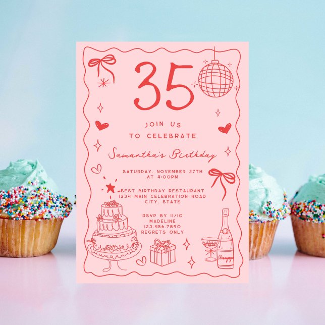Invitación Retro Whimsical Quirky Rosa Rojo 35º cumpleaños (Subido por el creador)