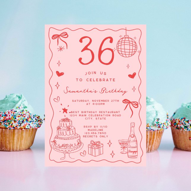 Invitación Retro Whimsical Quirky Rosa Rojo 36 cumpleaños (Subido por el creador)