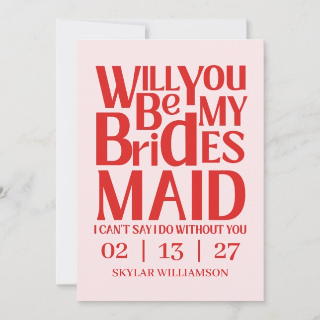 Invitación Retro Will You Be My Bridesmaid Red Pink (Anverso)