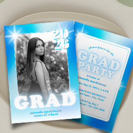 Invitación Retro Y2K Cyber Blue Neon Graduation Photo Party
