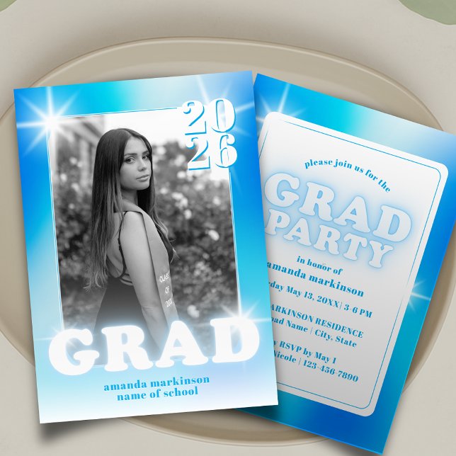Invitación Retro Y2K Cyber Blue Neon Graduation Photo Party (Subido por el creador)