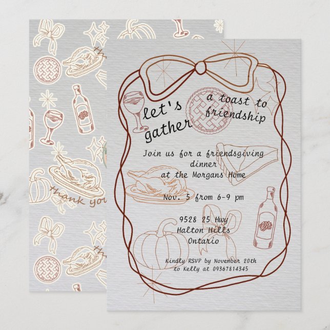 Invitación "Reunámonos" Friendsgiving Dibujado a Mano (Anverso / Reverso)