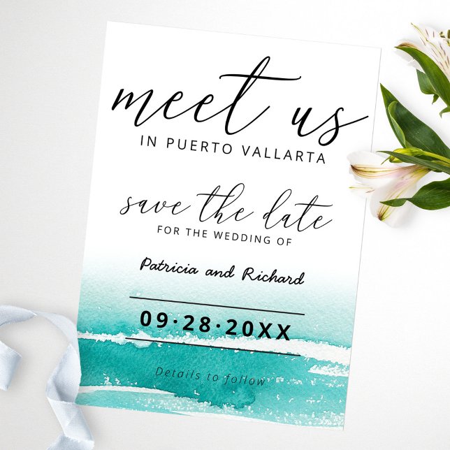 Invitación Reúnete Con Nosotros En Boda De Destino Verde azul (Subido por el creador)