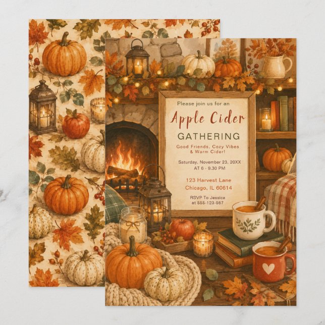 Invitación Reunión Acogedora junto a la Chimenea de Otoño (Anverso / Reverso)