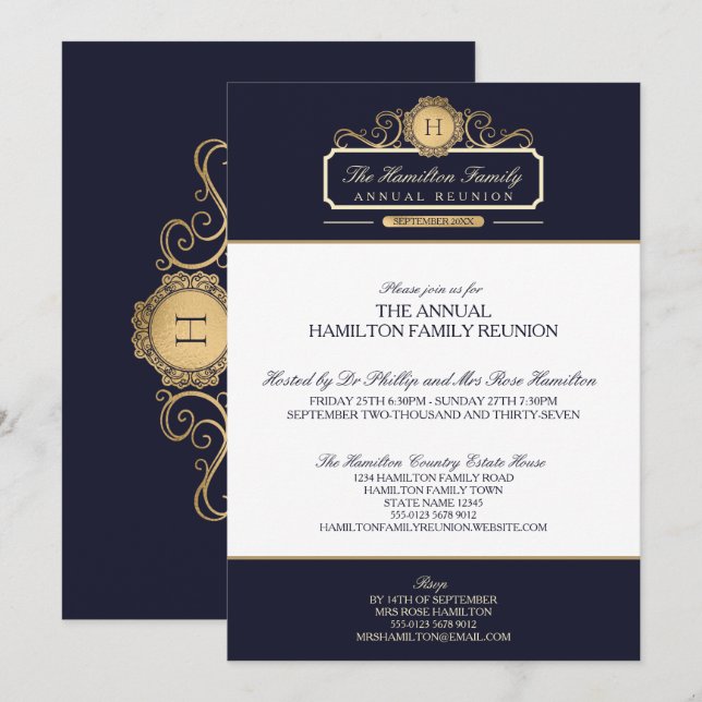 Invitación Reunión anual de la familia del monograma de oro d (Anverso / Reverso)