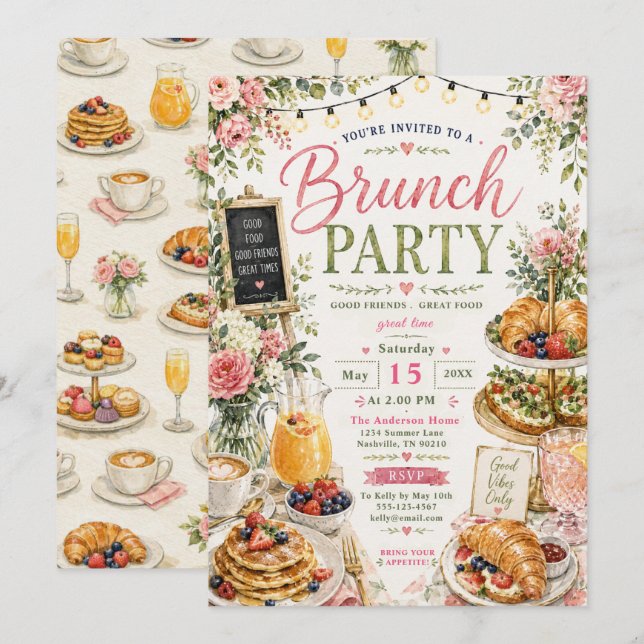 Invitación Reunión de Brunch Floral (Anverso / Reverso)