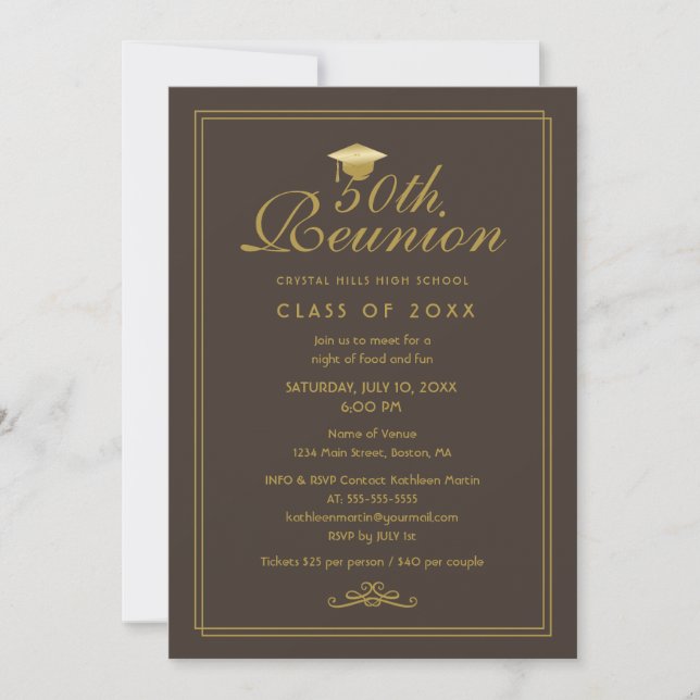 Invitación Reunión de clase 50 Elegant Brown Gold (Anverso)