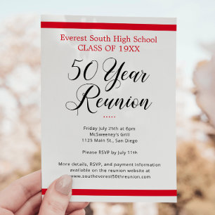 Invitación Reunión de clase de 50 años Minimalista negra roja