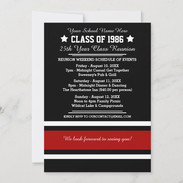 Invitación Reunión de clase de franjas deportivas negras/roja (Anverso)