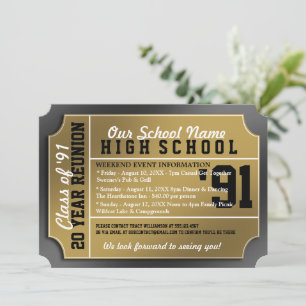Invitación Reunión de clase de oro y negro estilo de tickets