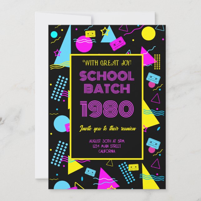 Invitación Reunión de Clase Escolar Retro Clásico Estilo 80's (Anverso)