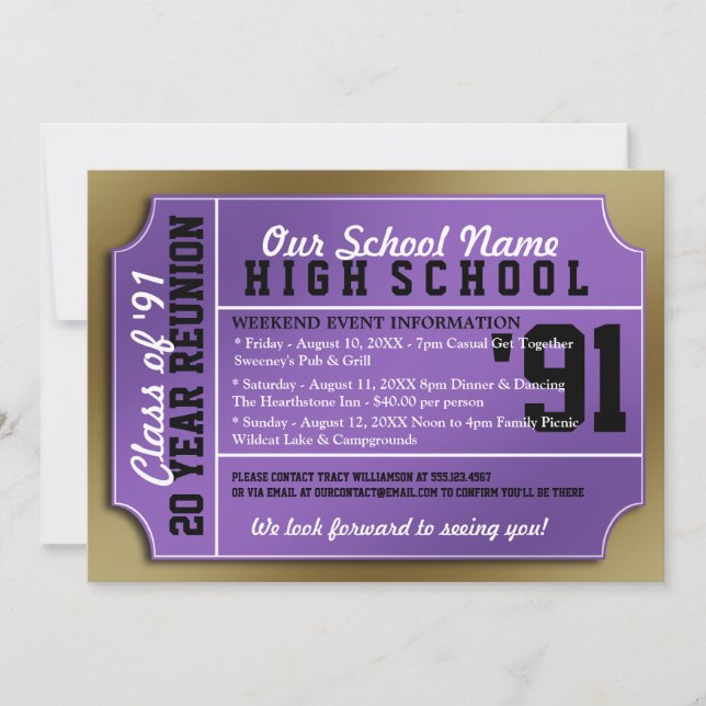 Invitación Reunión de clase Purple/Gold del estilo de tickets (Anverso)