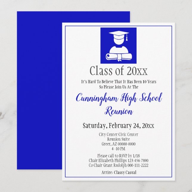 Invitación Reunión de clase secundaria azul blanca minimalist (Anverso / Reverso)