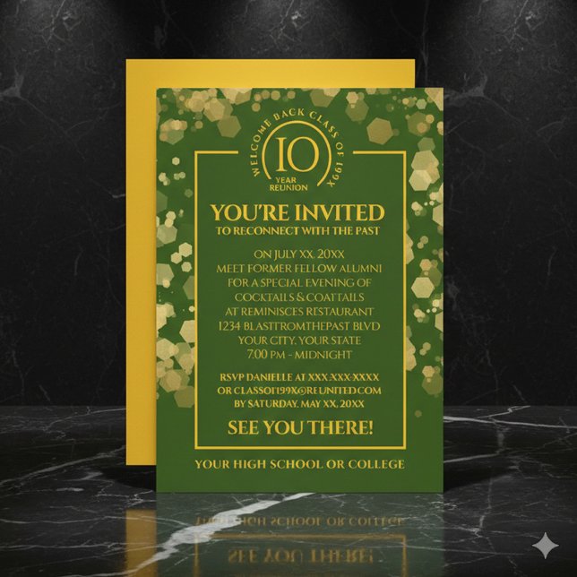 Invitación Reunión de clases de escuela verde y oro (Elegant Green & Gold School Class Reunion Invitation Cover Photo)