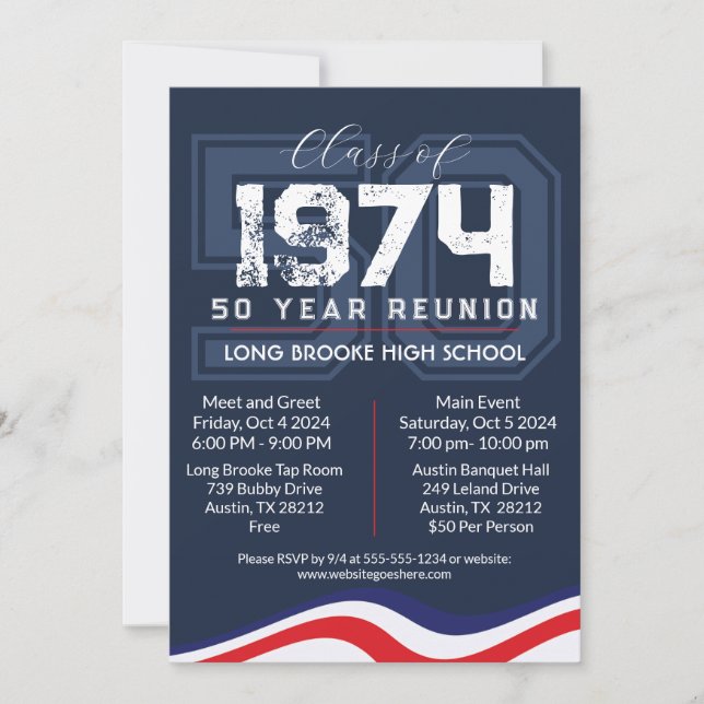 Invitación Reunión de clases de secundaria de 50 años con ola (Anverso)