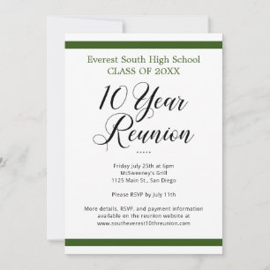 Invitación Reunión de diez años de clase verde y blanco Minim