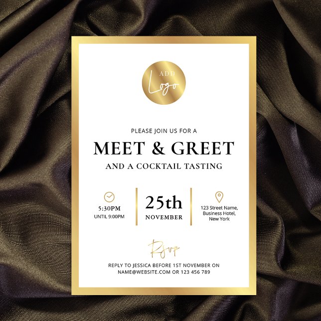 Invitación Reunión de encuentro y evento de bienvenida con el (White and gold business meet & greet event invitation with fully editable text & space for your logo)
