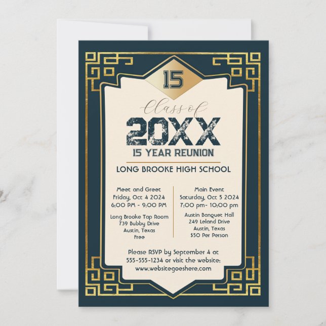 Invitación Reunión de escuela secundaria de 15 años Faux Gold (Anverso)
