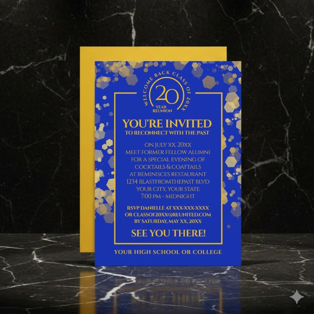 Invitación Reunión de ex alumnos de la Escuela Royal Blue & G (Elegant Royal Blue & Gold School Class Reunion Invitation Cover Photo)