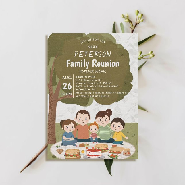 Invitación Reunión de familia primavera verano otoño otoño pi (family reunion invitation potluck picnic cute illustration watercolor modern simple fun)