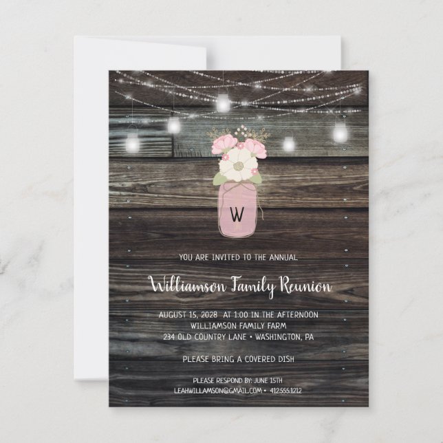 Invitación Reunión de familia rusa Mason Jar enciende Boho Fl (Anverso)