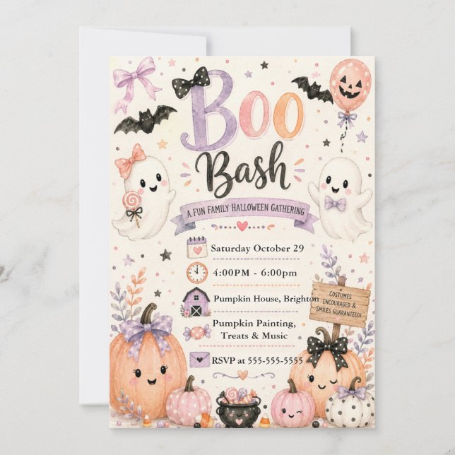 Invitación Reunión de Halloween Bash de Boo Adorable (Anverso)