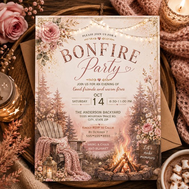 Invitación Reunión de hoguera de otoño (Pink floral Autumn Bonfire Invitation)
