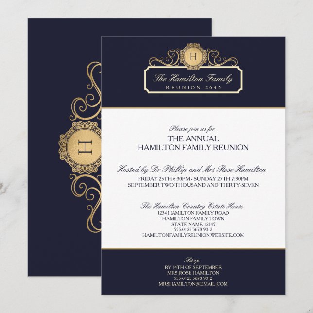 Invitación Reunión de la elegante familia de monogramas de la (Anverso / Reverso)