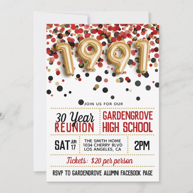 Invitación Reunión de la escuela secundaria de 1991 (Anverso)