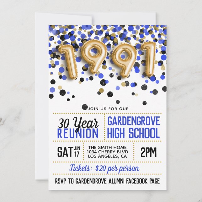 Invitación Reunión de la escuela secundaria de 1991 (Anverso)