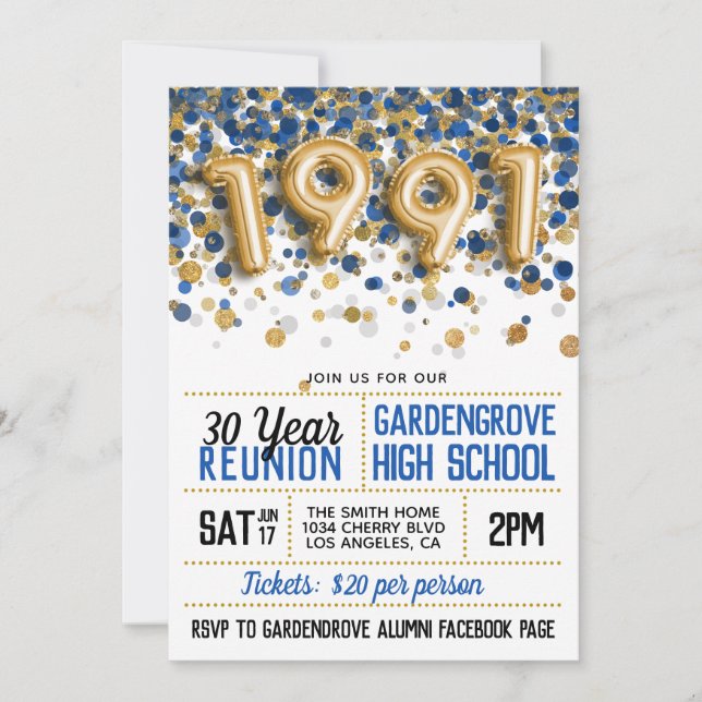 Invitación Reunión de la escuela secundaria de 1991 (Anverso)