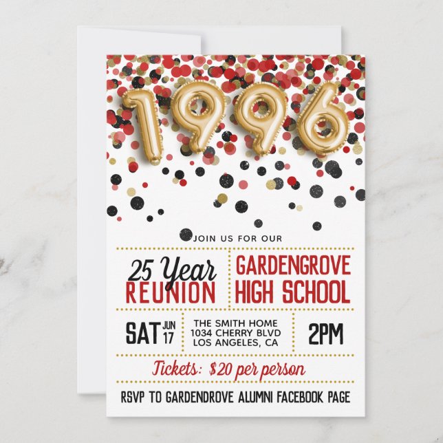 Invitación Reunión de la escuela secundaria de 1996 (Anverso)