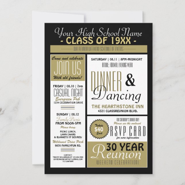 Invitación Reunión de la escuela secundaria estilo boletín (Anverso)