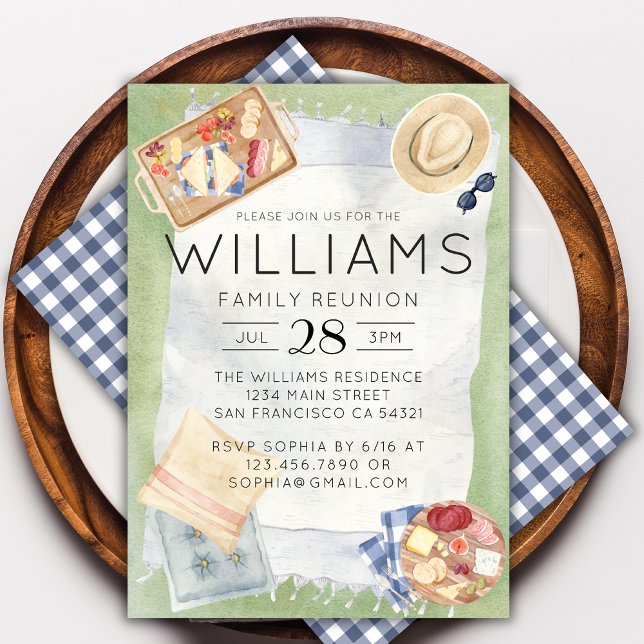 Invitación Reunión de la familia acuarela Picnic Blue Gingham (Subido por el creador)