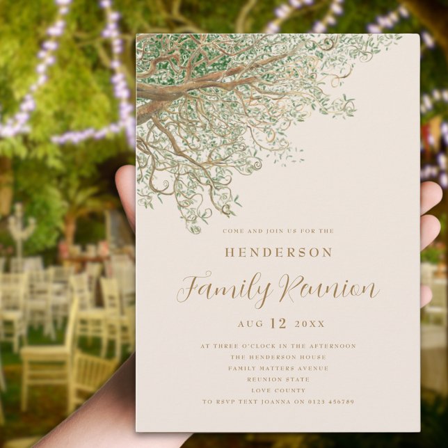 Invitación Reunión de la familia de árboles acuarela (Watercolor tree branches family reunion invitation Brown beige green modern script summer party)