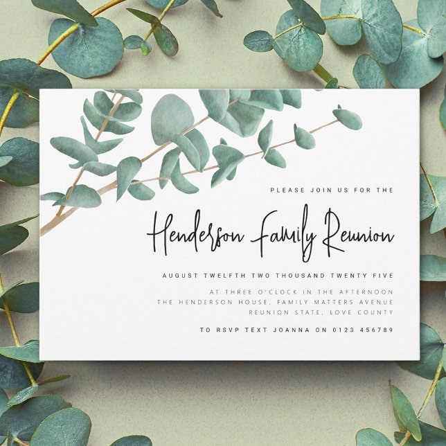 Invitación Reunión de la familia de árboles de Eucalyptus (Watercolor Eucalyptus tree branch family reunion invitation Modern elegant script)