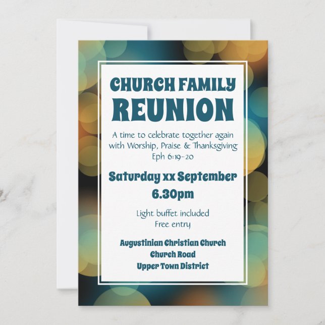Invitación REUNIÓN DE LA FAMILIA DE LA IGLESIA Bokeh azul mod (Anverso)