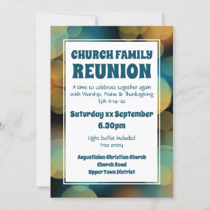 Invitación REUNIÓN DE LA FAMILIA DE LA IGLESIA Bokeh azul mod