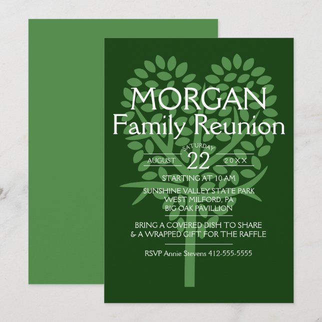 Invitación Reunión de la familia Green Heart Tree (Anverso / Reverso)
