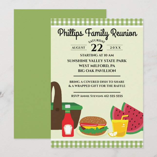 Invitación Reunión de la familia picnic de manteles verdes y  (Anverso / Reverso)