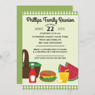Invitación Reunión de la familia picnic de manteles verdes y 
