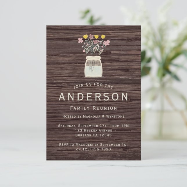 Invitación Reunión de la familia Rustic Mason Jar Wildflowers (Anverso de pie)