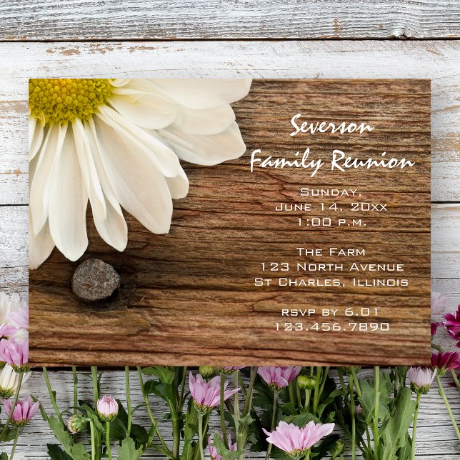 Invitación Reunión de la familia Rustic White Daisy y Barn Wo (Subido por el creador)