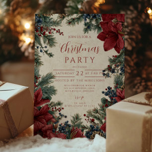 Invitación Reunión de Navidades florales de invierno rústicos