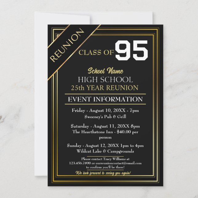 Invitación Reunión de secundaria formal de oro y negro (Anverso)