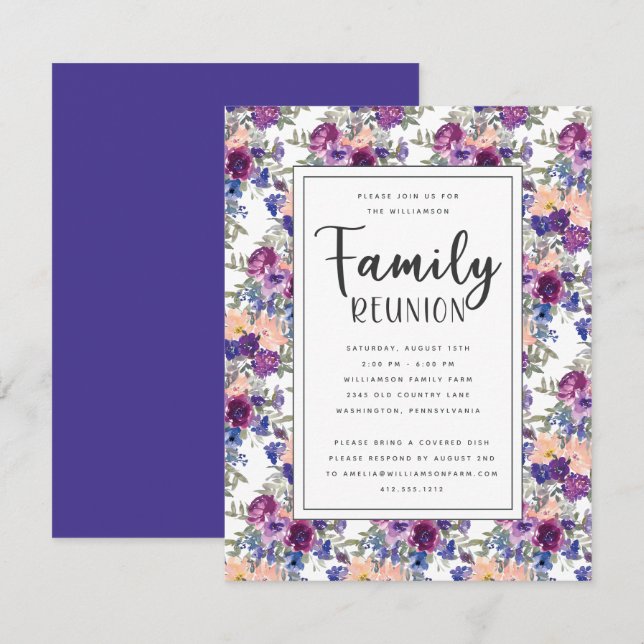 Invitación Reunión Elegante De La Familia De Guiones Florales (Anverso / Reverso)