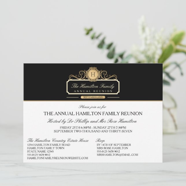 Invitación Reunión elegante de la familia de monogramas de or (Anverso de pie)